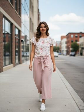 LC Waikiki Dusty Pink Wide-Leg Pants Set with Floral Blouse